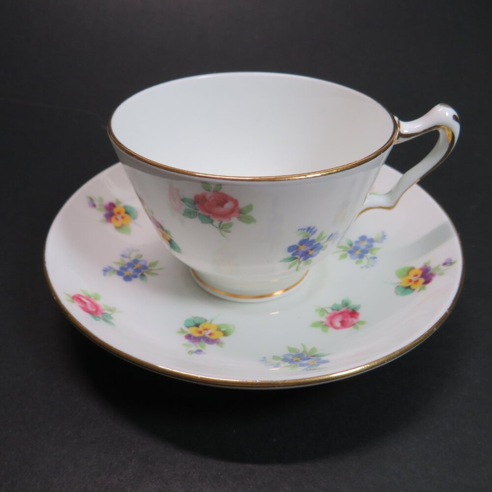Crown Staffordshire Tea Cup & Saucer fine bone china Rose Pansy Gold Rim